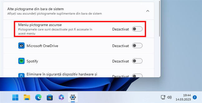 ActiveazÄƒ sau dezactiveazÄƒ meniul cu pictograme ascunse Ã®n Windows 11