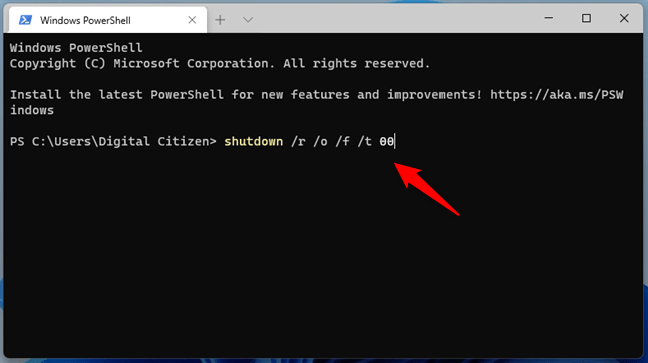 Executarea comenzii pentru accesarea UEFI/BIOS Ã®n Terminalul din Windows 11