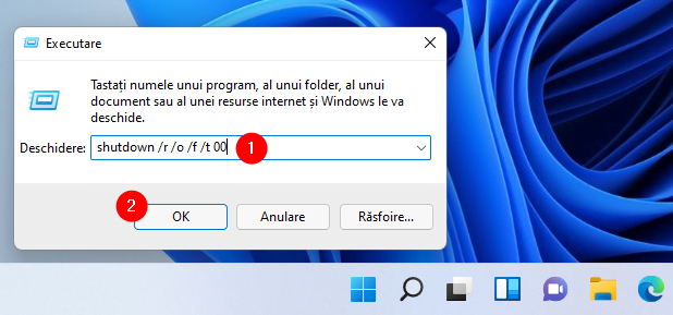 Intră în UEFI/BIOS din caseta Executare a Windows 11