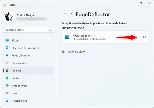 Deschiderea intrării Microsoft Edge din lista de tipuri fișiere și linkuri asociate cu EdgeDeflector