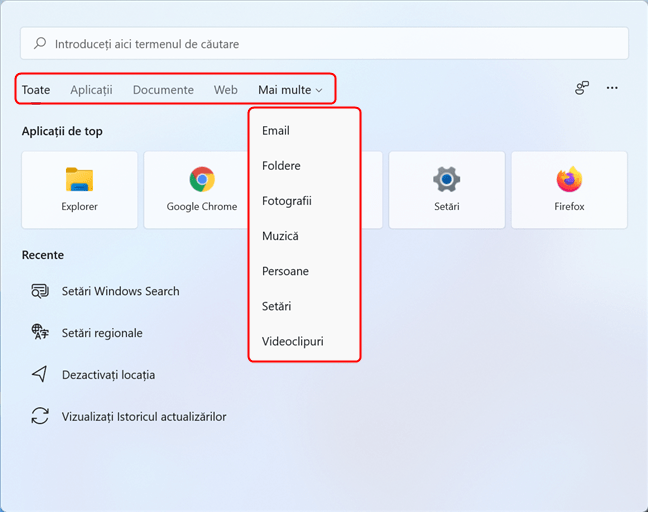 Filtrele de căutare disponibile în Windows 11