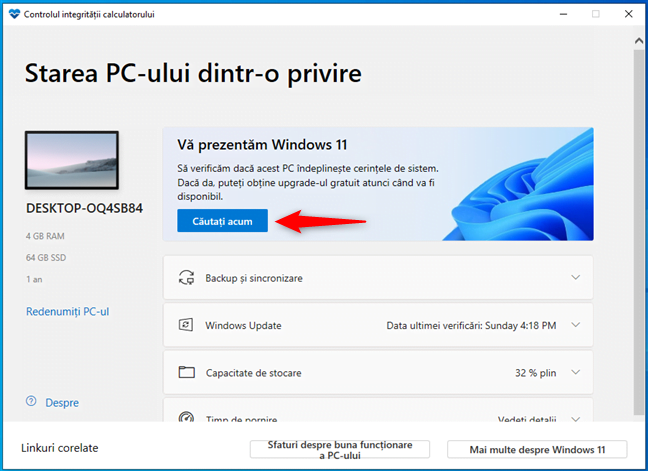 VerificÄƒ dacÄƒ PC-ul tÄƒu Ã®ndeplineÈ™te condiÈ›iile pentru Windows 11