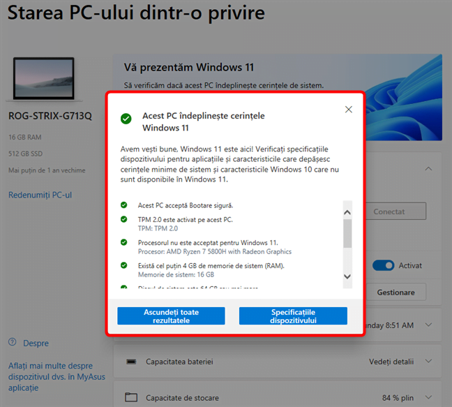 Detalii despre cerinÈ›ele de sistem Windows 11 Ã®ndeplinite de un PC