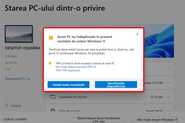 Acest PC nu îndeplinește în prezent cerințe de sistem Windows 11