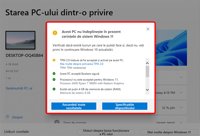 Detalii despre cerinÈ›ele de sistem Windows 11 neÃ®ndeplinite de un PC