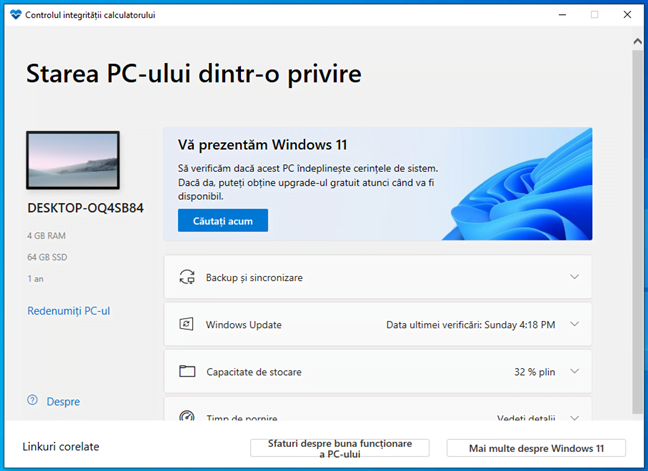 Instrument cerinÈ›e sistem Windows 11: aplicaÈ›ia Controlul integritÄƒÈ›ii calculatorului