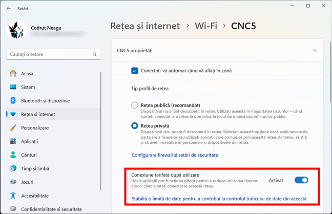 ActiveazÄƒ comutatorul Conexiune tarifatÄƒ dupÄƒ utilizare Ã®n Windows 11