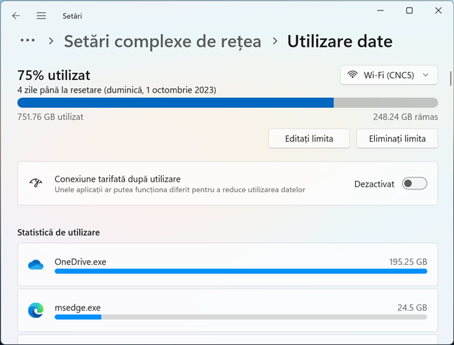 O conexiune tarifatÄƒ dupÄƒ utilizare cu un abonament de date limitat Ã®n Windows 11