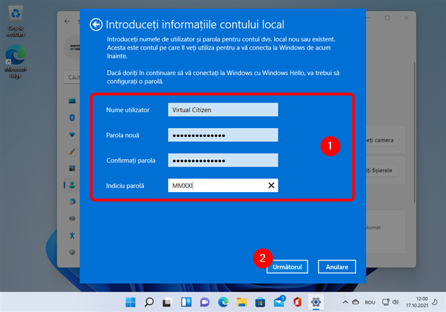 Scrie detaliile pentru contul local de utilizator din Windows 11