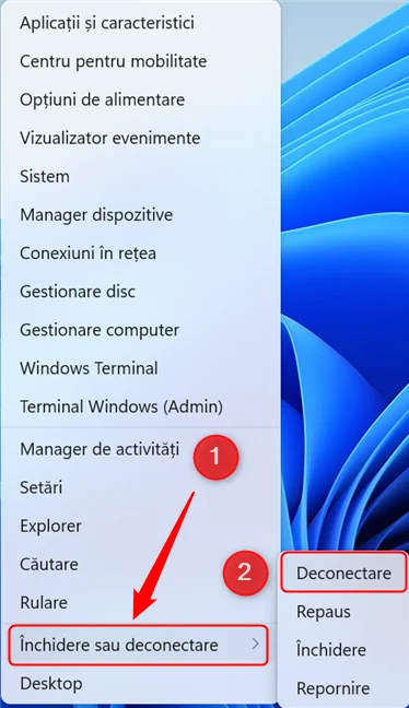 Deconectarea de la Windows 11 folosind meniul WinX