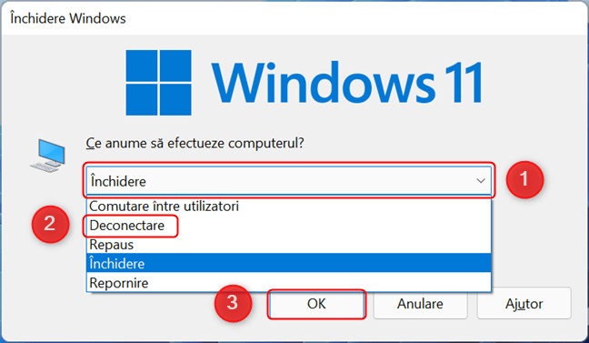 Deconectarea de la Windows 11 folosind caseta de dialog ÃŽnchidere Windows