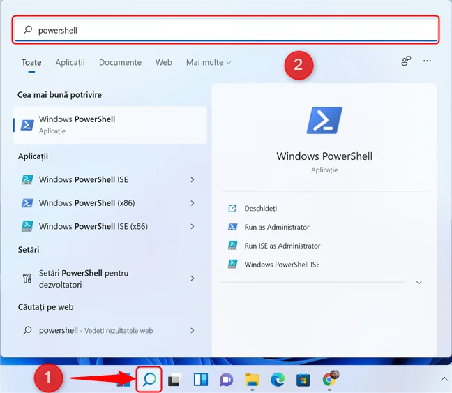 Deschide fereastra Căutare, tastează powershell și apasă Enter