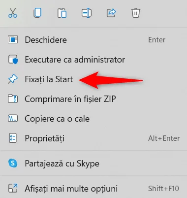 Opțiunea Fixați la Start dintr-un meniu contextual din Windows 11