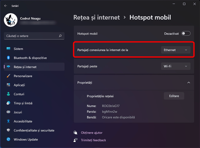 Lista de conexiuni la internet disponibile pentru hotspotul Windows 11