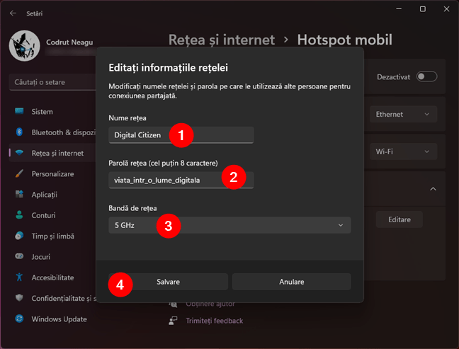 SetÄƒri personalizate pentru hotspotul Windows 11