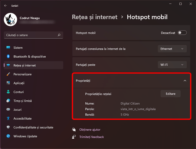 Hotspot Windows 11 personalizat