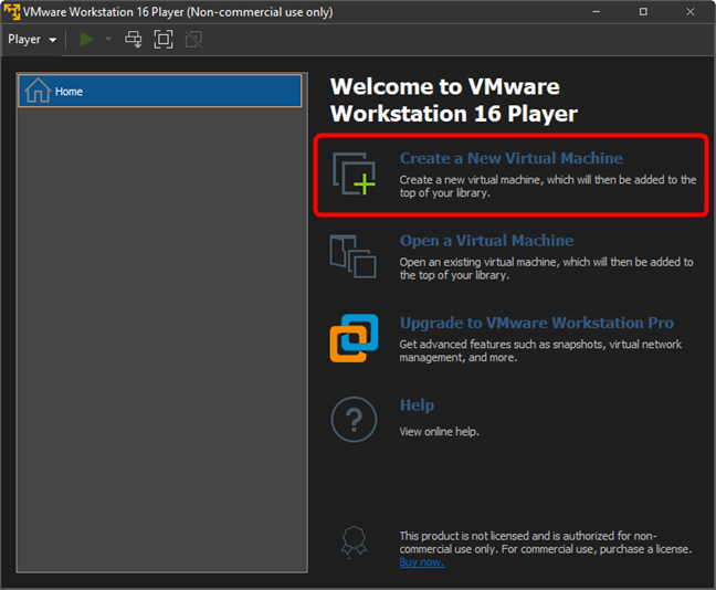 Crearea unei noi mașini virtuale în VMware Workstation Player Free