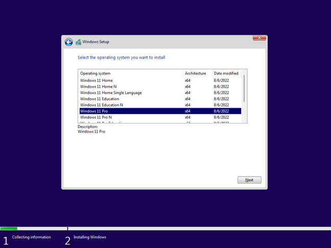 Selectează ediția de Windows 11 pe care vrei s-o instalezi