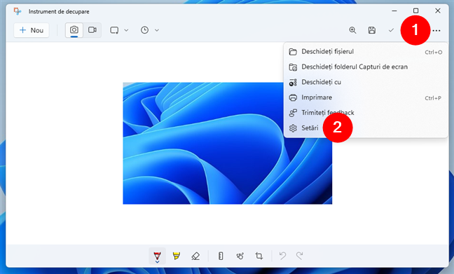 Cum deschizi SetÄƒrile Instrumentului de decupare cÃ¢nd editezi o capturÄƒ de ecran