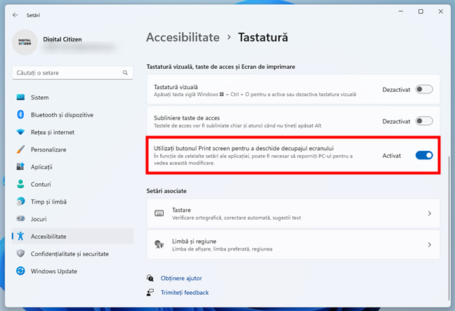 ActiveazÄƒ sau dezactiveazÄƒ tasta PrtScn pentru Instrumentul de decupare