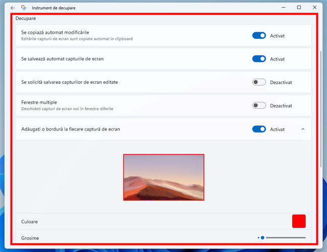 SetÄƒri pentru Decupare disponibile Ã®n Instrumentul de decupare din Windows 11