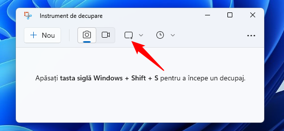 Butonul pentru modul de Decupare din Instrumentul de decupare Ã®n Windows 11