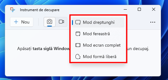 Moduri de capturare a ecranului Ã®n Instrumentul de decupare