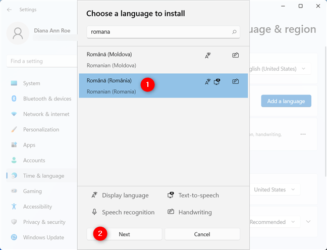 Selectează limba pe care o vrei în Windows 11 și apasă pe Next