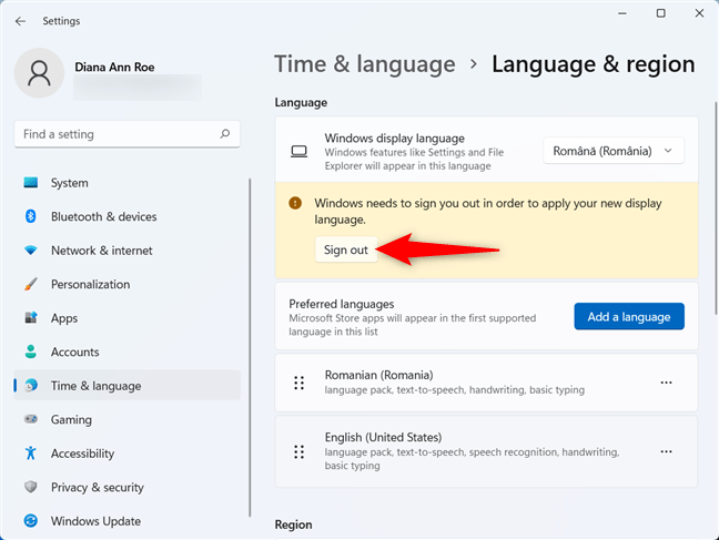 Deconectează-te pentru a termina schimbarea limbii în Windows 11