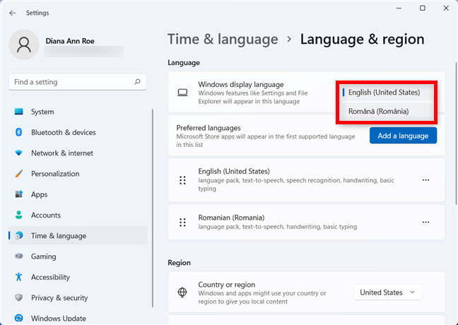 Schimbă limba de afișare din Windows 11 când ai pachetul lingvistic
