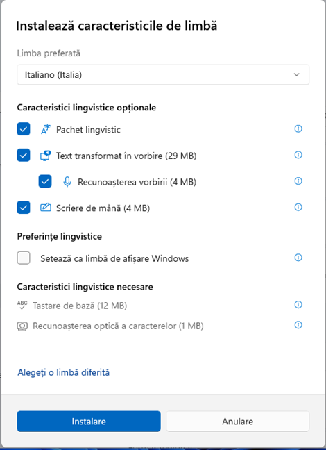 Alege caracteristicile lingvistice pe care le vrei È™i apasÄƒ pe Instalare