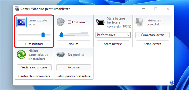 Utilizarea Centrului Windows pentru mobilitate, pentru a ajusta luminozitatea în Windows 11