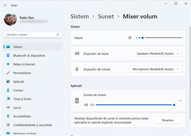 Mixer Volum în Windows 11