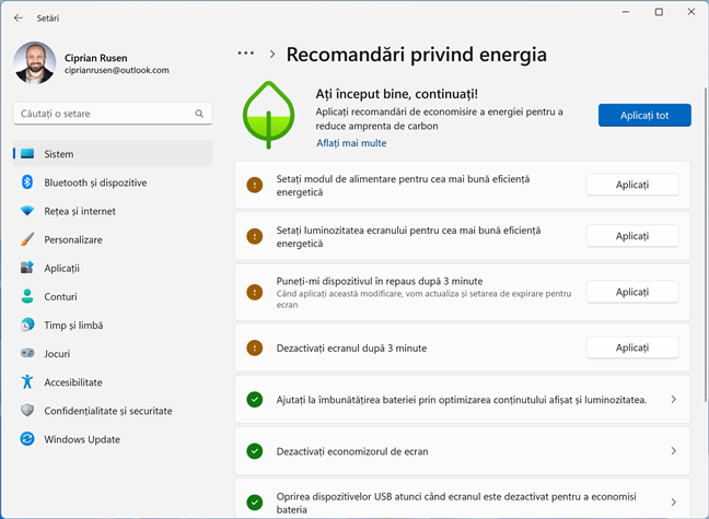 RecomandÄƒri privind energia pentru utilizatorii de laptopuri