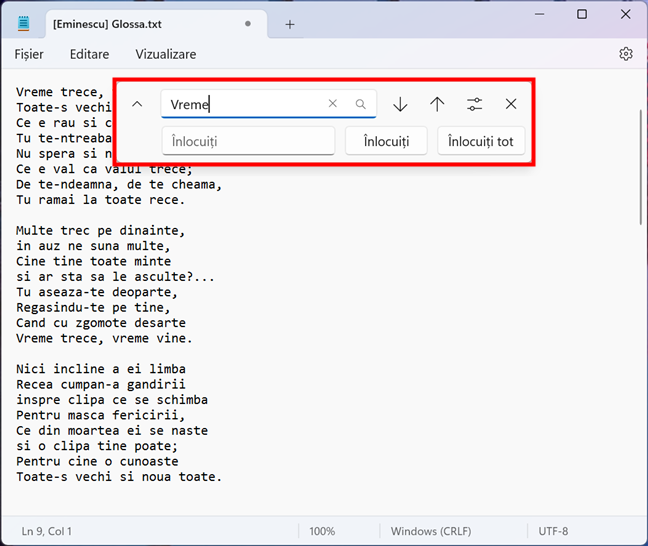 Folosirea opÈiunilor de gÄsire Èi/sau înlocuire a textului în Notepad