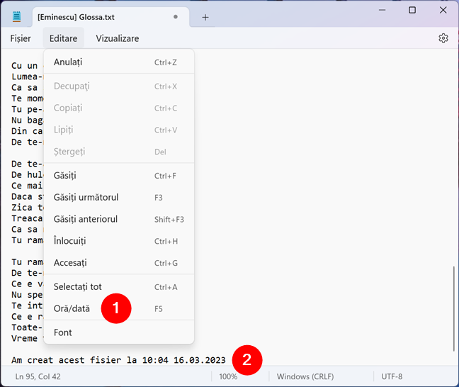 Introdu ora È™i data Ã®ntr-un fiÈ™ier text deschis cu Notepad