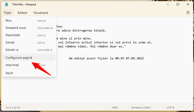 Configurare pagină în Notepad pentru Windows 11