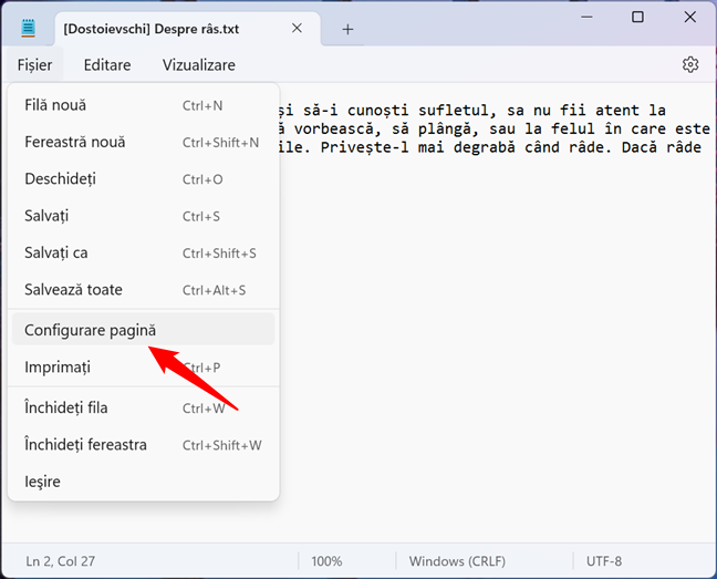 Configurare paginÄƒ Ã®n Notepad pentru Windows 11