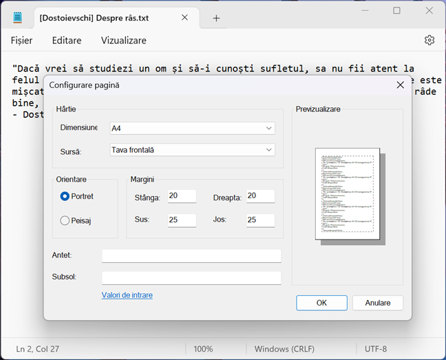 OpÈiunile Configurare paginÄ disponibile în Notepad