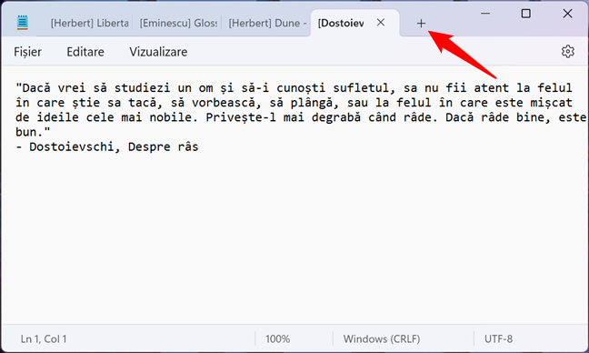 ApasÄƒ butonul + pentru a crea o nouÄƒ filÄƒ Ã®n Notepad
