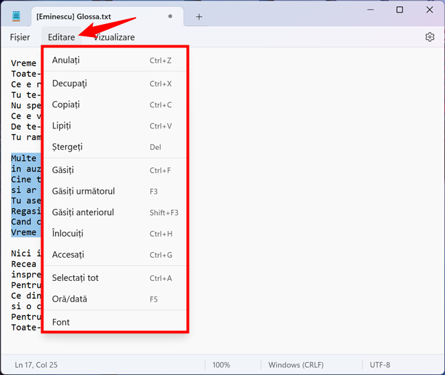 OpÈ›iunile de editare disponibile Ã®n Notepad pentru Windows 11