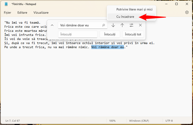 Setarea Cu încadrare din Notepad în Windows 11