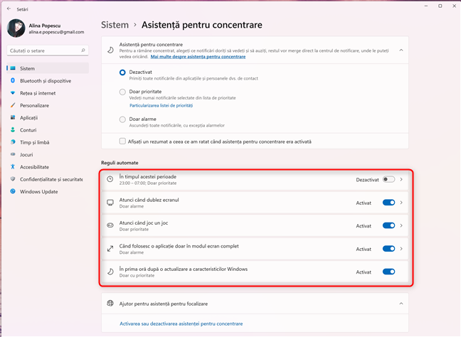 Regulile automate pentru AsistenÈ›a pentru concentrare Ã®n Windows 11