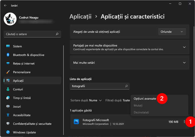 OpÈ›iuni avansate pentru o aplicaÈ›ie Ã®n SetÄƒrile din Windows 11