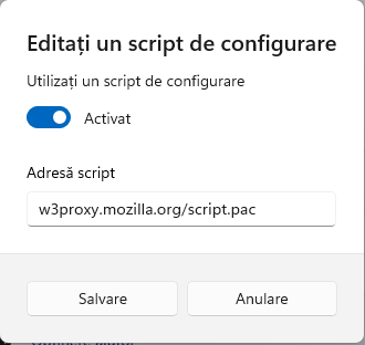 Introdu scriptul de configurare proxy