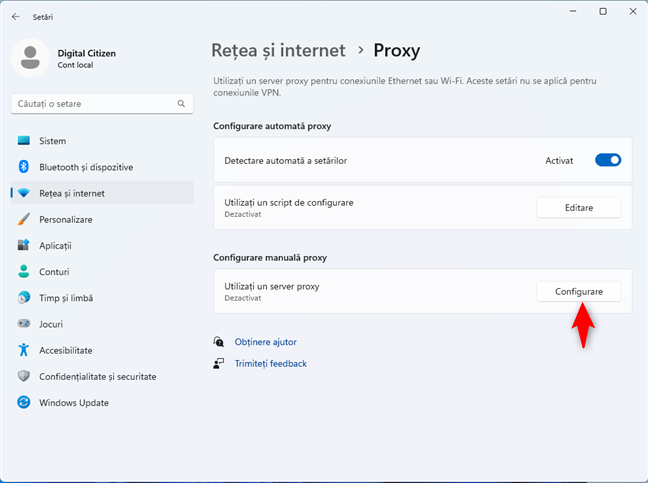 ApasÄƒ pe Configurare, lÃ¢ngÄƒ UtilizaÈ›i un server proxy