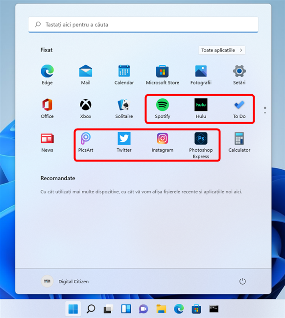 AplicaÈ›ii promovate de Windows 11 pe Meniul Start