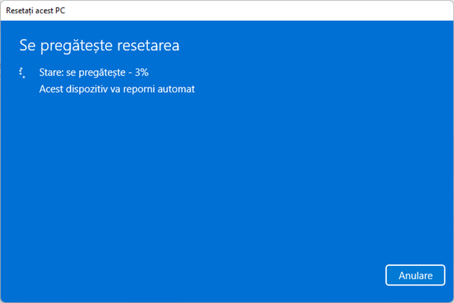 Se pregătește resetarea Windows 11 la setările din fabrică