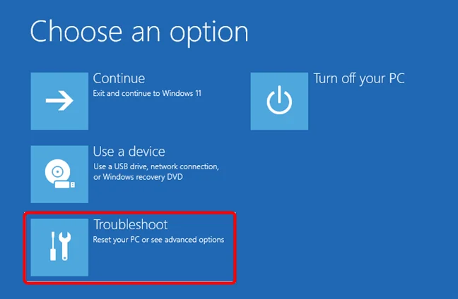 Pentru a ajunge la Safe Mode în Windows 11, selectează Troubleshoot (Depanare)
