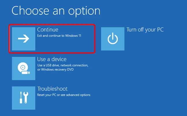 Alege Continue (Continuare) pentru a porni Windows 11 în Safe Mode